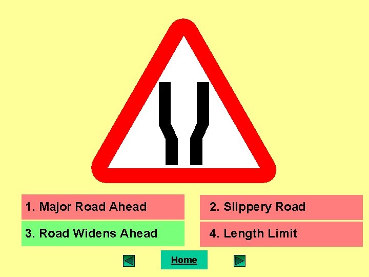 1. Major Road Ahead 2. Slippery Road 3. Road Widens Ahead 4. Length Limit