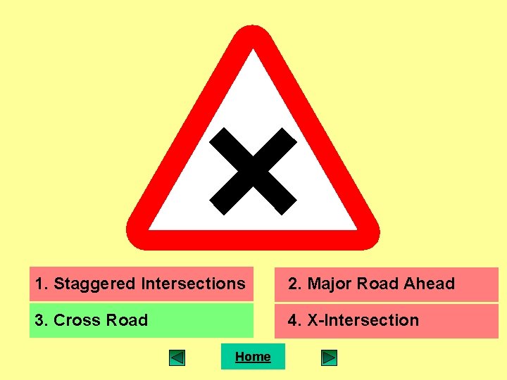 1. Staggered Intersections 2. Major Road Ahead 3. Cross Road 4. X-Intersection Home 