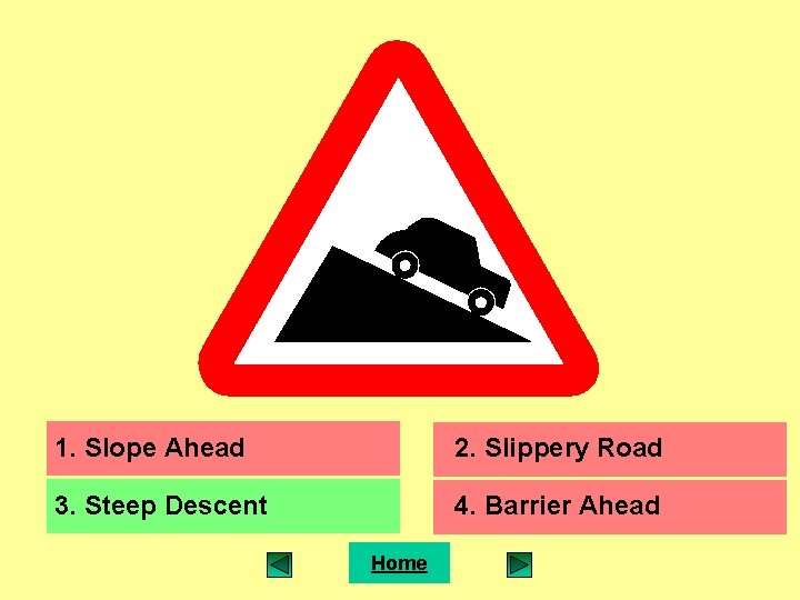 1. Slope Ahead 2. Slippery Road 3. Steep Descent 4. Barrier Ahead Home 