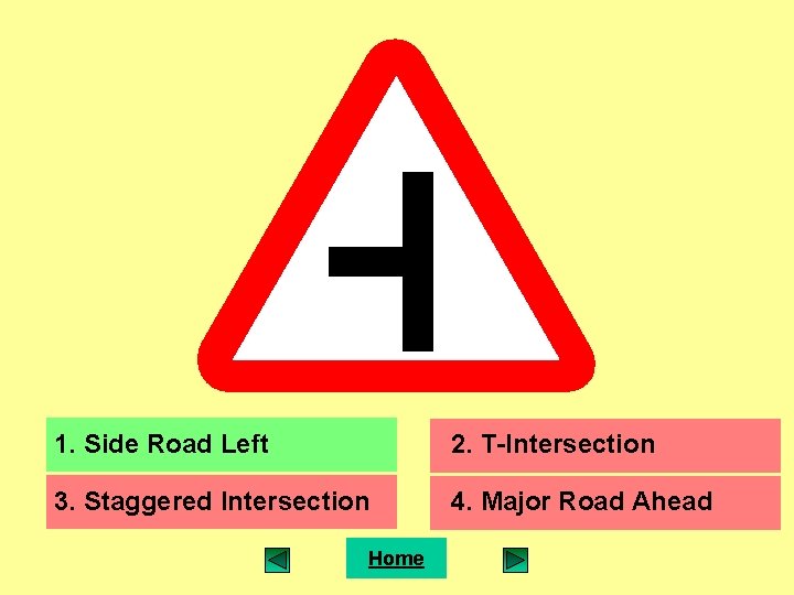 1. Side Road Left 2. T-Intersection 3. Staggered Intersection 4. Major Road Ahead Home