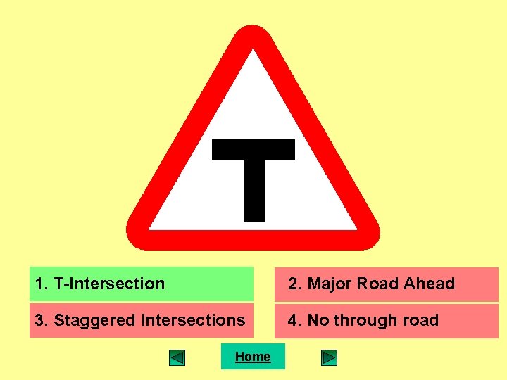 1. T-Intersection 2. Major Road Ahead 3. Staggered Intersections 4. No through road Home