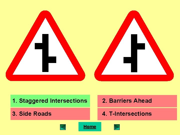 1. Staggered Intersections 2. Barriers Ahead 3. Side Roads 4. T-Intersections Home 