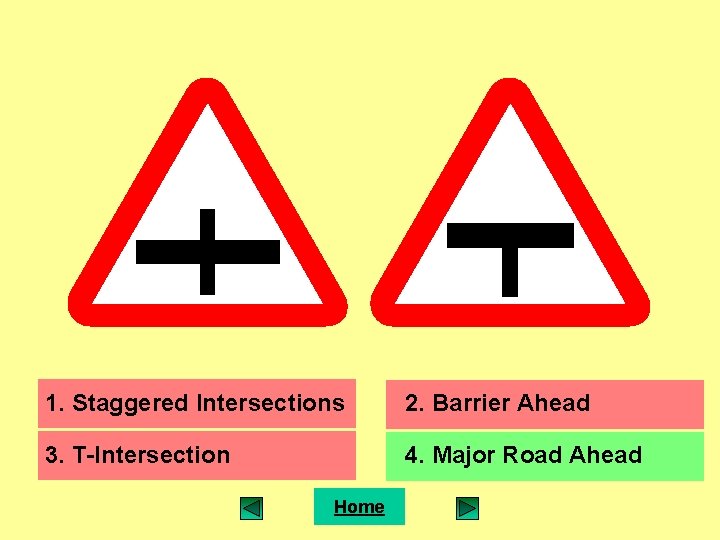 1. Staggered Intersections 2. Barrier Ahead 3. T-Intersection 4. Major Road Ahead Home 