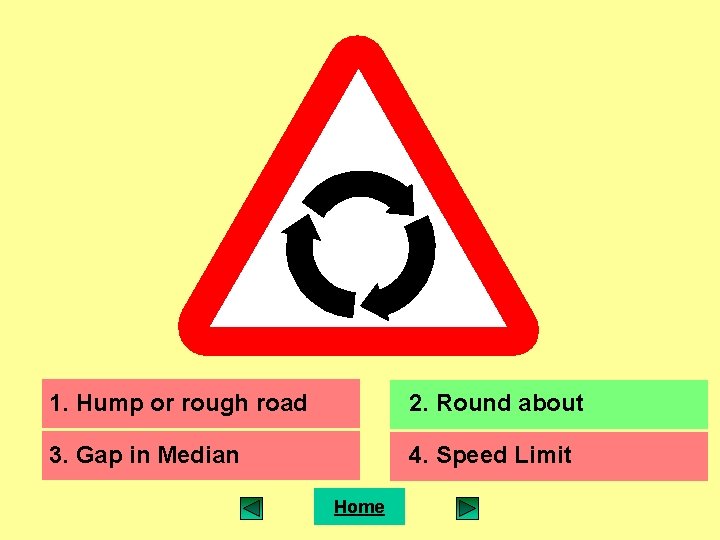 1. Hump or rough road 2. Round about 3. Gap in Median 4. Speed