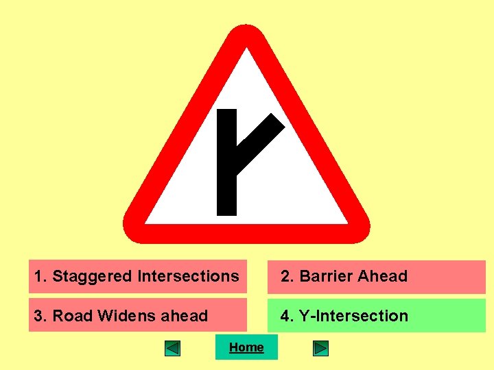 1. Staggered Intersections 2. Barrier Ahead 3. Road Widens ahead 4. Y-Intersection Home 