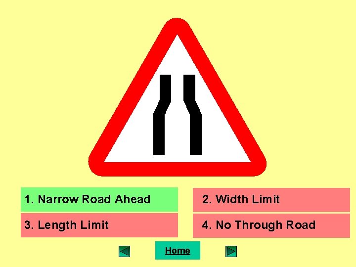 1. Narrow Road Ahead 2. Width Limit 3. Length Limit 4. No Through Road