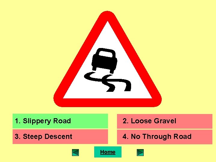 1. Slippery Road 2. Loose Gravel 3. Steep Descent 4. No Through Road Home