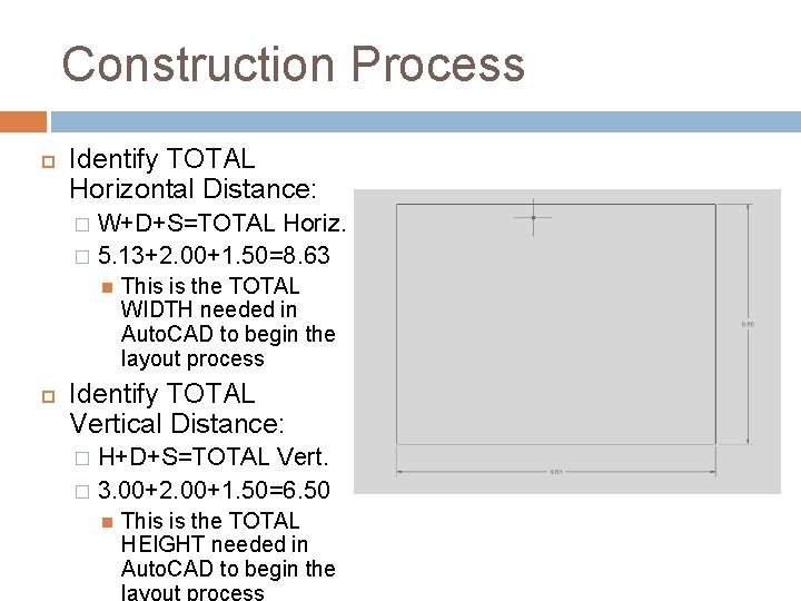 Construction Process Identify TOTAL Horizontal Distance: W+D+S=TOTAL Horiz. � 5. 13+2. 00+1. 50=8. 63