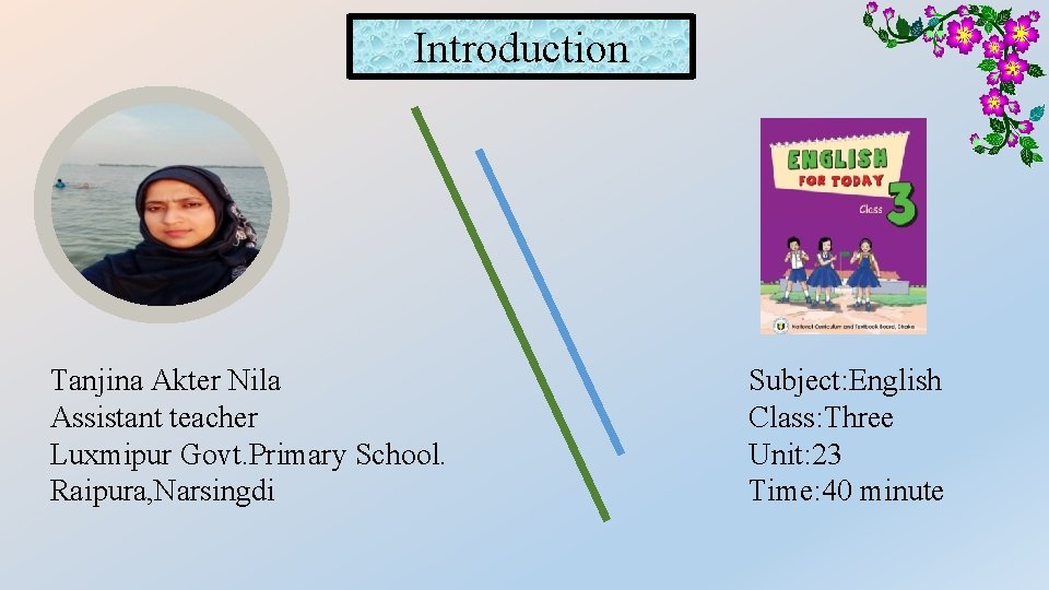 Introduction Tanjina Akter Nila Assistant teacher Luxmipur Govt. Primary School. Raipura, Narsingdi Subject: English