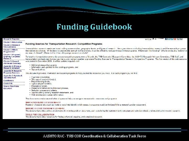 Funding Guidebook AASHTO RAC - TRB COR Coordination & Collaboration Task Force 