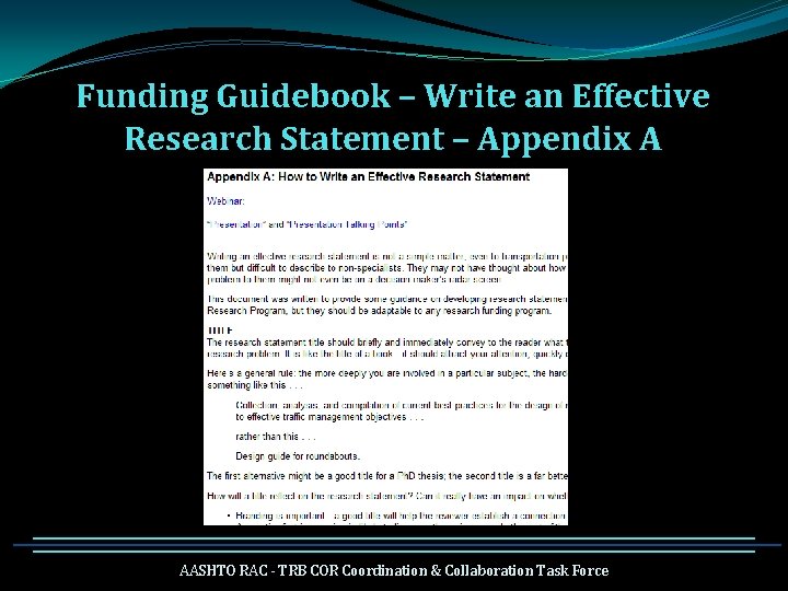 Funding Guidebook – Write an Effective Research Statement – Appendix A AASHTO RAC -