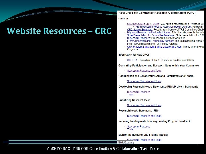 Website Resources – CRC AASHTO RAC - TRB COR Coordination & Collaboration Task Force