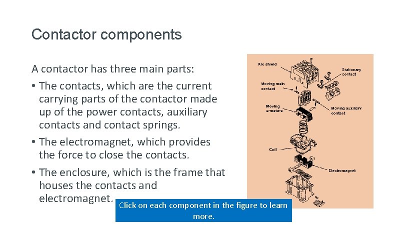 Contactor components A contactor has three main parts: • The contacts, which are the