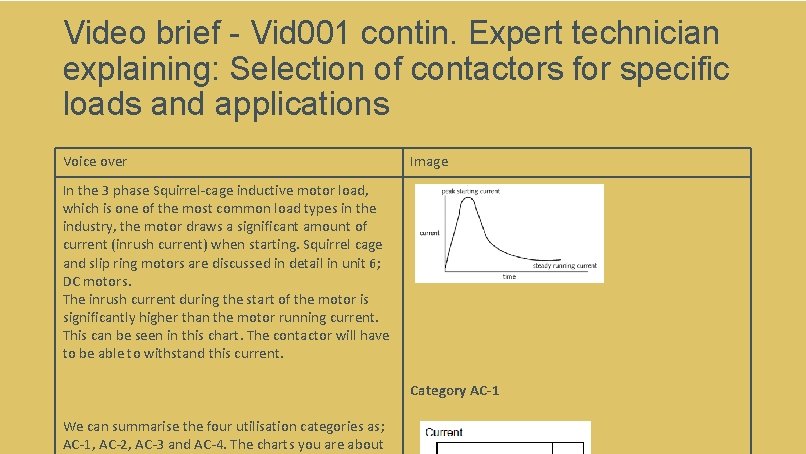 Video brief - Vid 001 contin. Expert technician explaining: Selection of contactors for specific