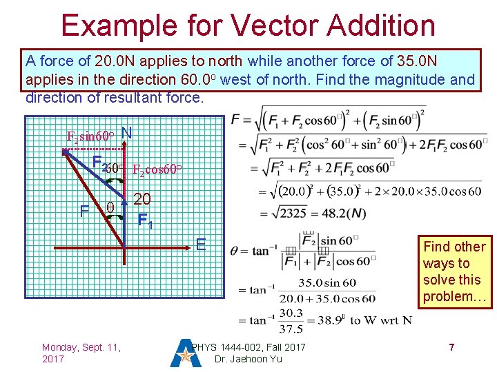 Example for Vector Addition A force of 20. 0 N applies to north while