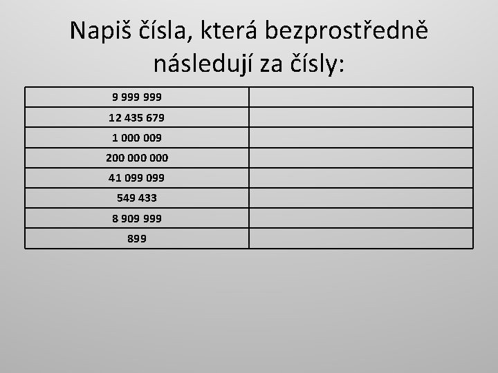 Napiš čísla, která bezprostředně následují za čísly: 9 999 12 435 679 1 000