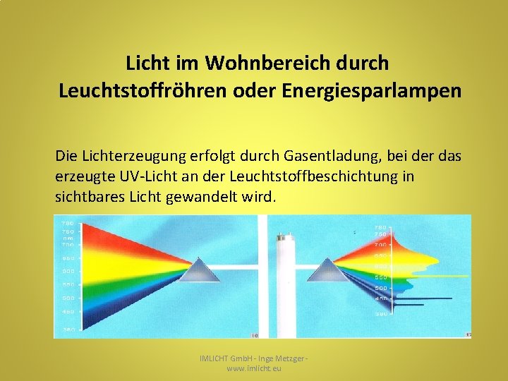 Licht im Wohnbereich durch Leuchtstoffröhren oder Energiesparlampen Die Lichterzeugung erfolgt durch Gasentladung, bei der