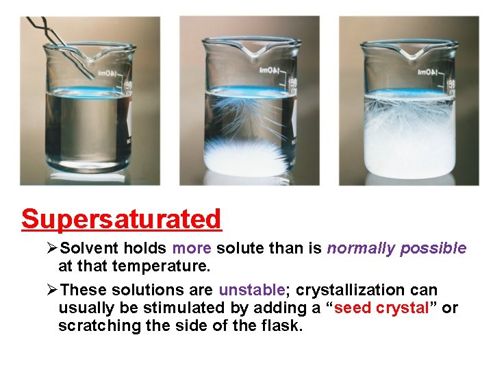 Supersaturated ØSolvent holds more solute than is normally possible at that temperature. ØThese solutions