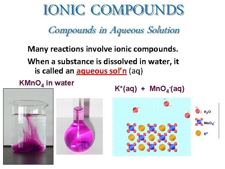 IONIC COMPOUNDS Compounds in Aqueous Solution Many reactions involve ionic compounds. When a substance IONIC COMPOUNDS Compounds in Aqueous Solution Many reactions involve ionic compounds. When a substance