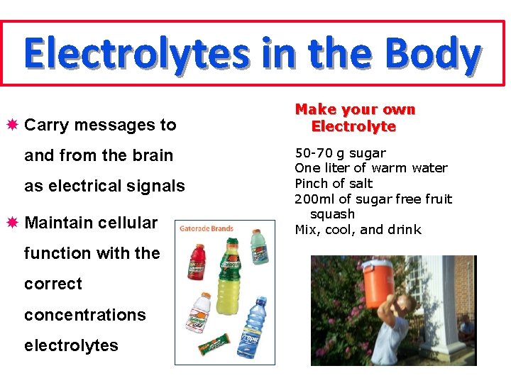 Electrolytes in the Body Carry messages to and from the brain as electrical signals