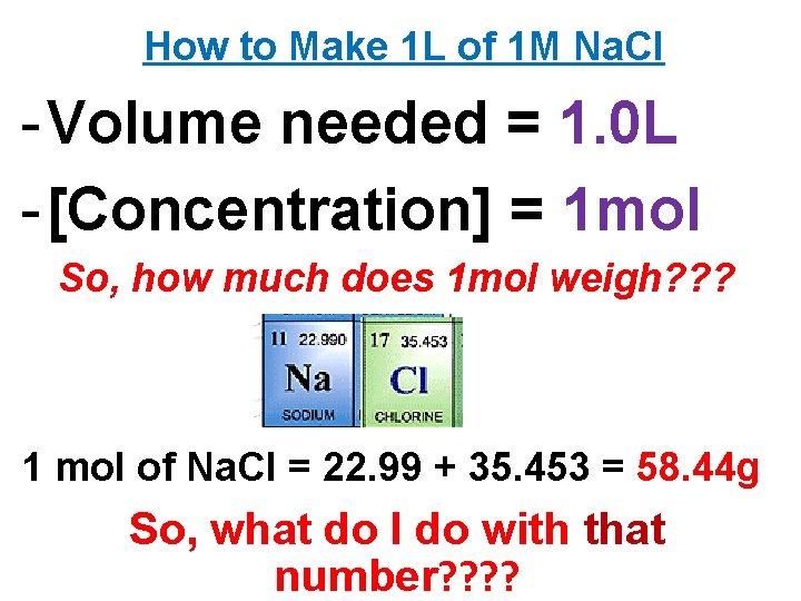 How to Make 1 L of 1 M Na. Cl - Volume needed =