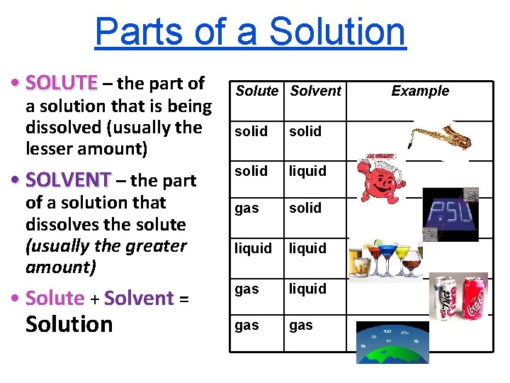 Parts of a Solution • SOLUTE – the part of a solution that is