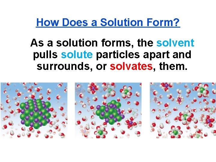 How Does a Solution Form? As a solution forms, the solvent pulls solute particles