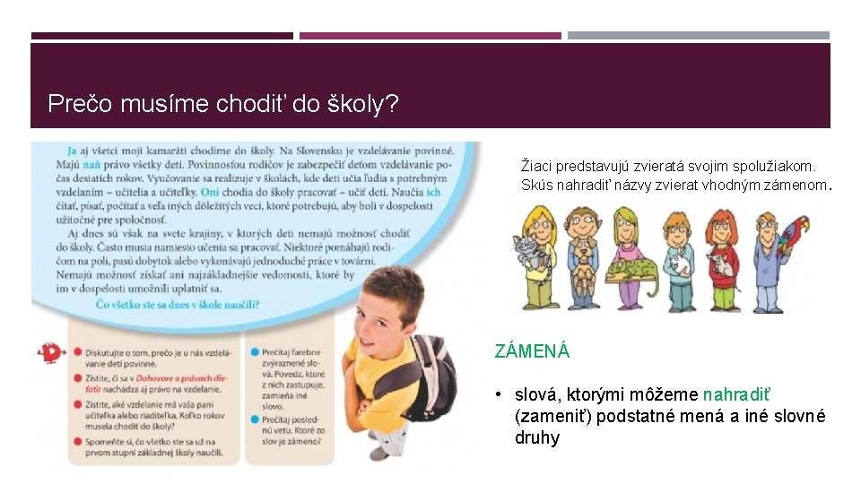 Prečo musíme chodiť do školy? Žiaci predstavujú zvieratá svojim spolužiakom. Skús nahradiť názvy zvierat