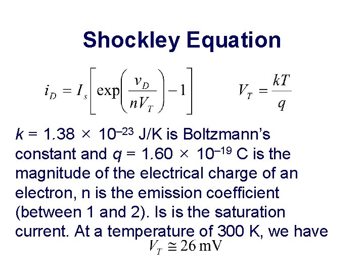 Shockley Equation k = 1. 38 × 10– 23 J/K is Boltzmann’s constant and