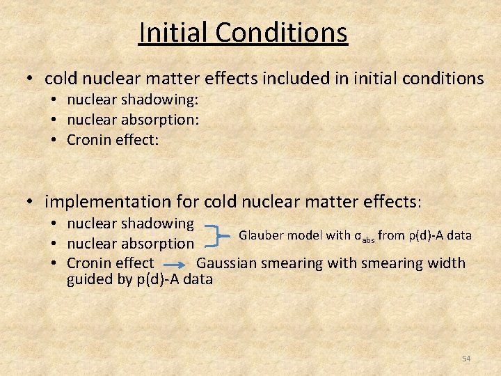 Initial Conditions • cold nuclear matter effects included in initial conditions • nuclear shadowing: