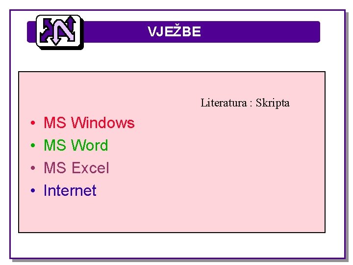 VJEŽBE Literatura : Skripta • • MS Windows MS Word MS Excel Internet 