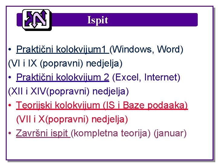 Ispit • Praktični kolokvijum 1 (Windows, Word) (VI i IX (popravni) nedjelja) • Praktični