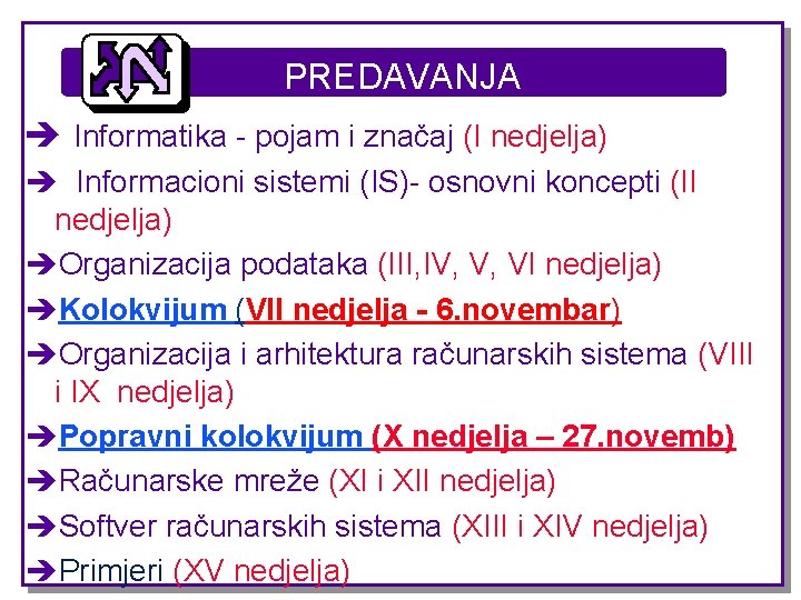 PREDAVANJA è Informatika - pojam i značaj (I nedjelja) è Informacioni sistemi (IS)- osnovni