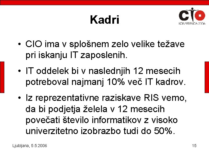 Kadri • CIO ima v splošnem zelo velike težave pri iskanju IT zaposlenih. •