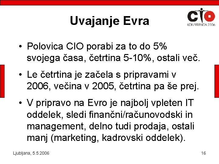 Uvajanje Evra • Polovica CIO porabi za to do 5% svojega časa, četrtina 5