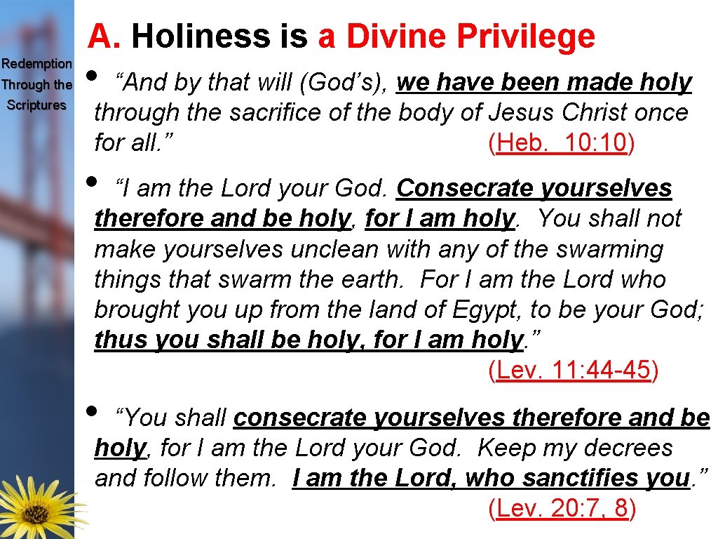 A. Holiness is a Divine Privilege Redemption Through the Scriptures • “And by that