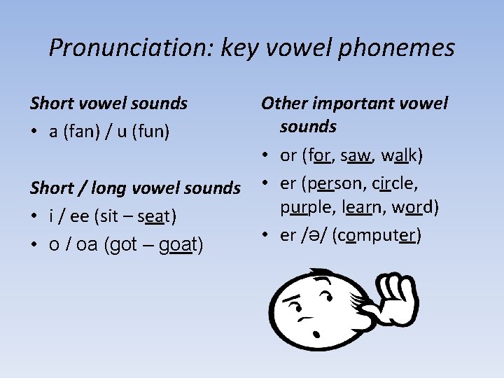 Pronunciation: key vowel phonemes Short vowel sounds • a (fan) / u (fun) Short