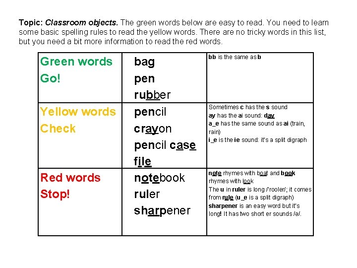 Topic: Classroom objects. The green words below are easy to read. You need to