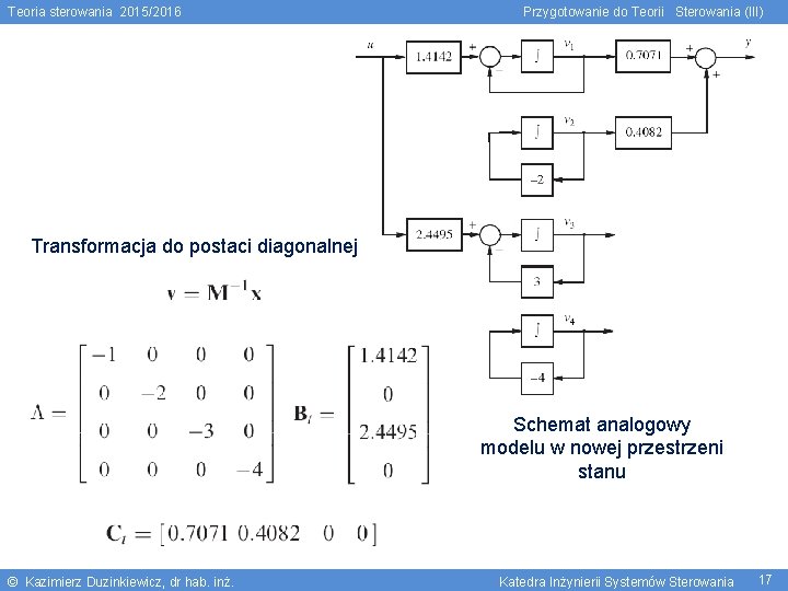 Teoria sterowania 2015/2016 Przygotowanie do Teorii Sterowania (III) Transformacja do postaci diagonalnej Schemat analogowy
