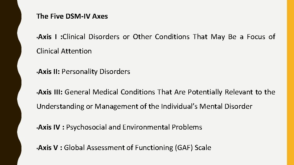 The Five DSM-IV Axes § Axis I : Clinical Disorders or Other Conditions That