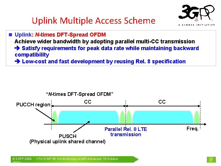 Uplink Multiple Access Scheme n Uplink: N-times DFT-Spread OFDM Achieve wider bandwidth by adopting