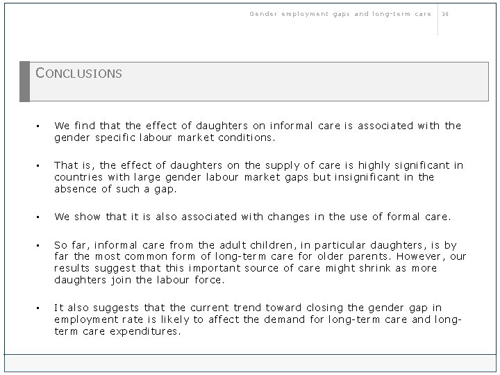 Gender employment gaps and long-term care 30 C ONCLUSIONS • We find that the