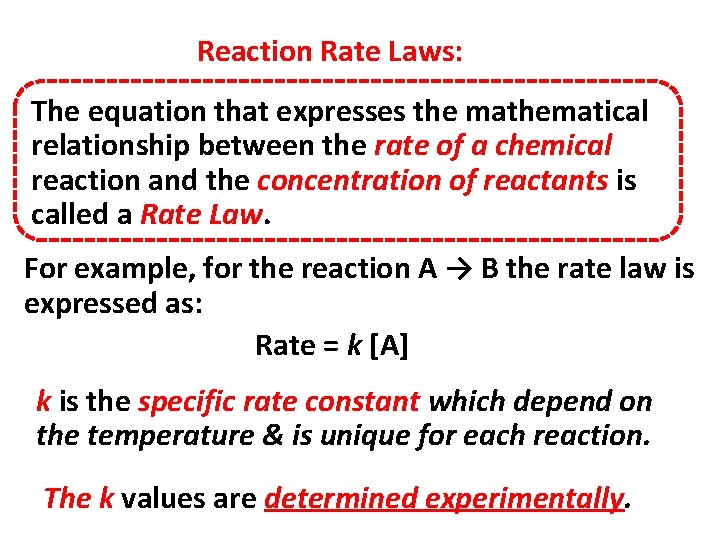 Reaction Rate Laws: The equation that expresses the mathematical relationship between the rate of