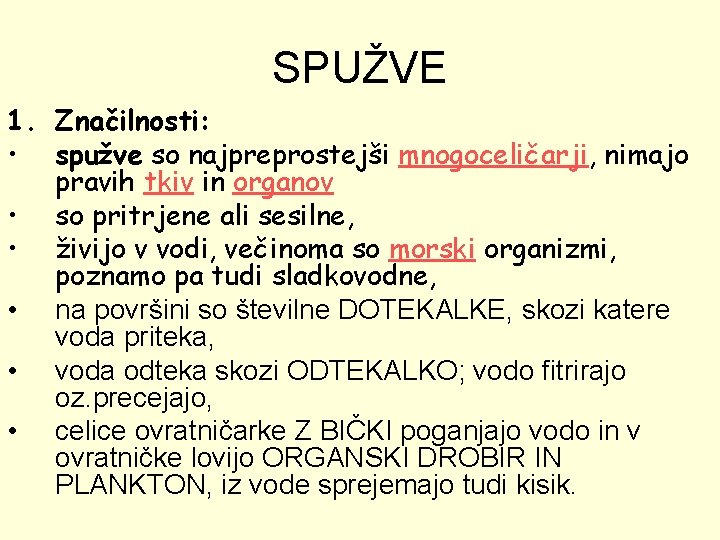 SPUŽVE 1. Značilnosti: • spužve so najpreprostejši mnogoceličarji, nimajo pravih tkiv in organov •