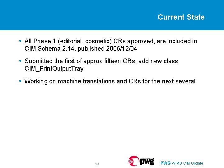 Current State • All Phase 1 (editorial, cosmetic) CRs approved, are included in CIM