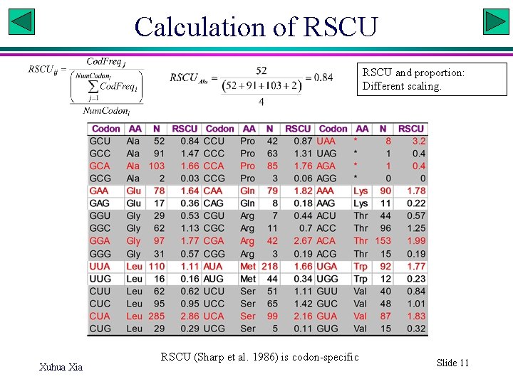 Calculation of RSCU and proportion: Different scaling. Xuhua Xia RSCU (Sharp et al. 1986)