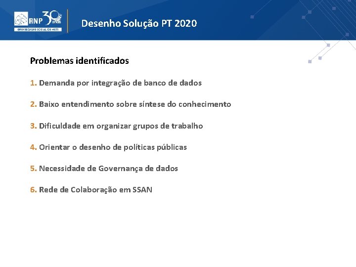 Desenho Solução PT 2020 Problemas identificados 1. Demanda por integração de banco de dados