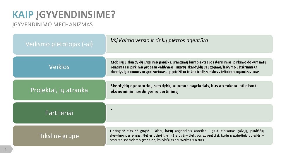 KAIP ĮGYVENDINSIME? ĮGYVENDINIMO MECHANIZMAS Veiksmo plėtotojas (-ai) Veiklos Projektai, jų atranka Partneriai Tikslinė grupė