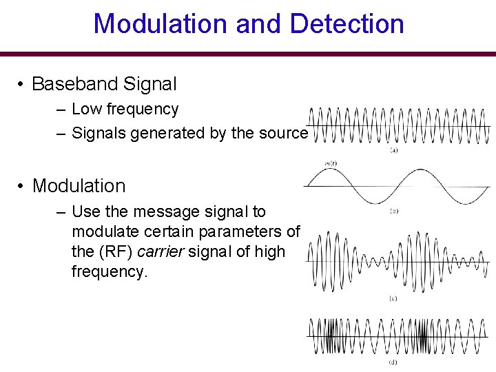 Modulation and Detection • Baseband Signal – Low frequency – Signals generated by the