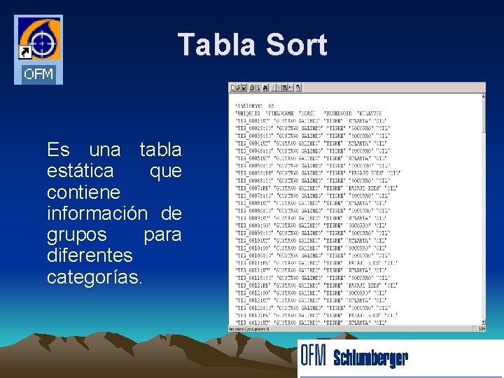 Tabla Sort Es una tabla estática que contiene información de grupos para diferentes categorías.